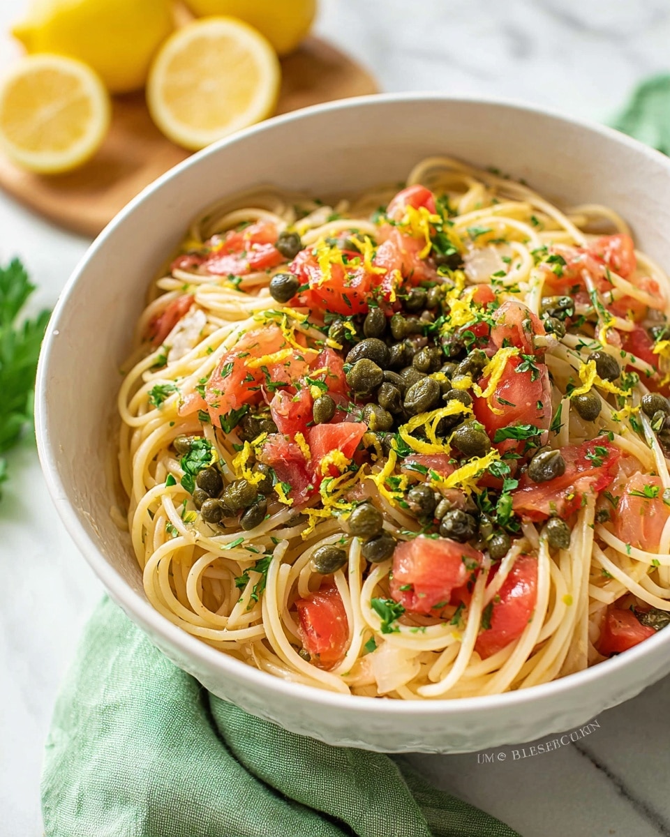 A white bowl filled with three layers of food is shown. The bottom layer is plain, thin spaghetti noodles, pale yellow and smooth in texture, piled loosely. The middle layer consists of small diced red tomatoes scattered throughout. The top layer has green capers and fresh parsley leaves spread evenly, sprinkled with bright yellow lemon zest. The bowl sits on a white marbled surface with a soft green cloth nearby, and two halved lemons blurred in the background. photo taken with an iphone --ar 4:5 --v 7