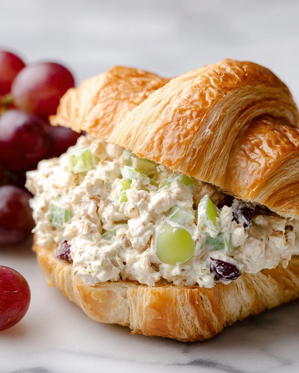 A flaky, golden-brown croissant is cut open and filled with a thick, creamy chicken salad mixture that shows chunks of white chicken, light green celery pieces, and red grapes sliced in half. The croissant and filling rest on a white plate with a bunch of whole red grapes blurred in the soft-focus white marbled background, highlighting the texture of the croissant and the fresh ingredients in the filling. photo taken with an iphone --ar 4:5 --v 7