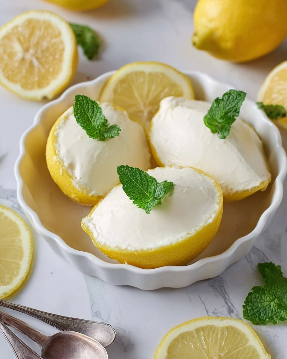 The image shows three lemon halves filled with smooth, creamy white lemon mousse placed in a white scalloped ceramic dish. Each lemon half is bright yellow inside with a slightly textured rind and topped with a fresh green mint leaf. Underneath the lemon halves, there is a thin lemon slice adding a touch of light yellow contrast. The background is a white marbled texture with scattered whole and sliced lemons and green mint leaves around the dish. A partial view of two spoons with metal handles is visible at the bottom edge of the image, enhancing the fresh, clean presentation. photo taken with an iphone --ar 4:5 --v 7