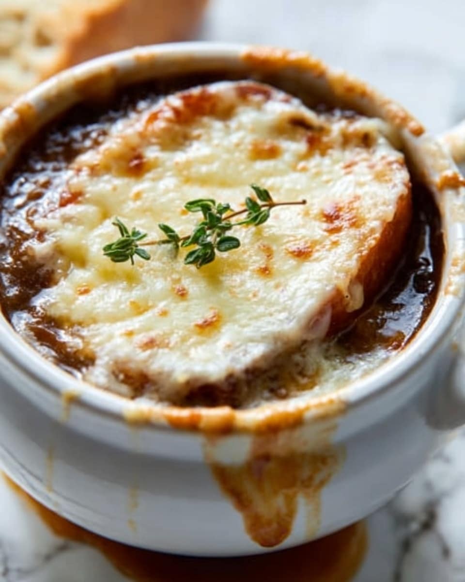 A white ceramic small pot filled with onion soup is shown, with a top layer of melted golden cheese that is melted and slightly browned at the edges, covering caramelized onions beneath. A small green herb garnish peeks out from under the cheese near the side. The soup slightly overflows and drips down the clean white pot. The background features a white marbled surface. Photo taken with an iphone --ar 4:5 --v 7