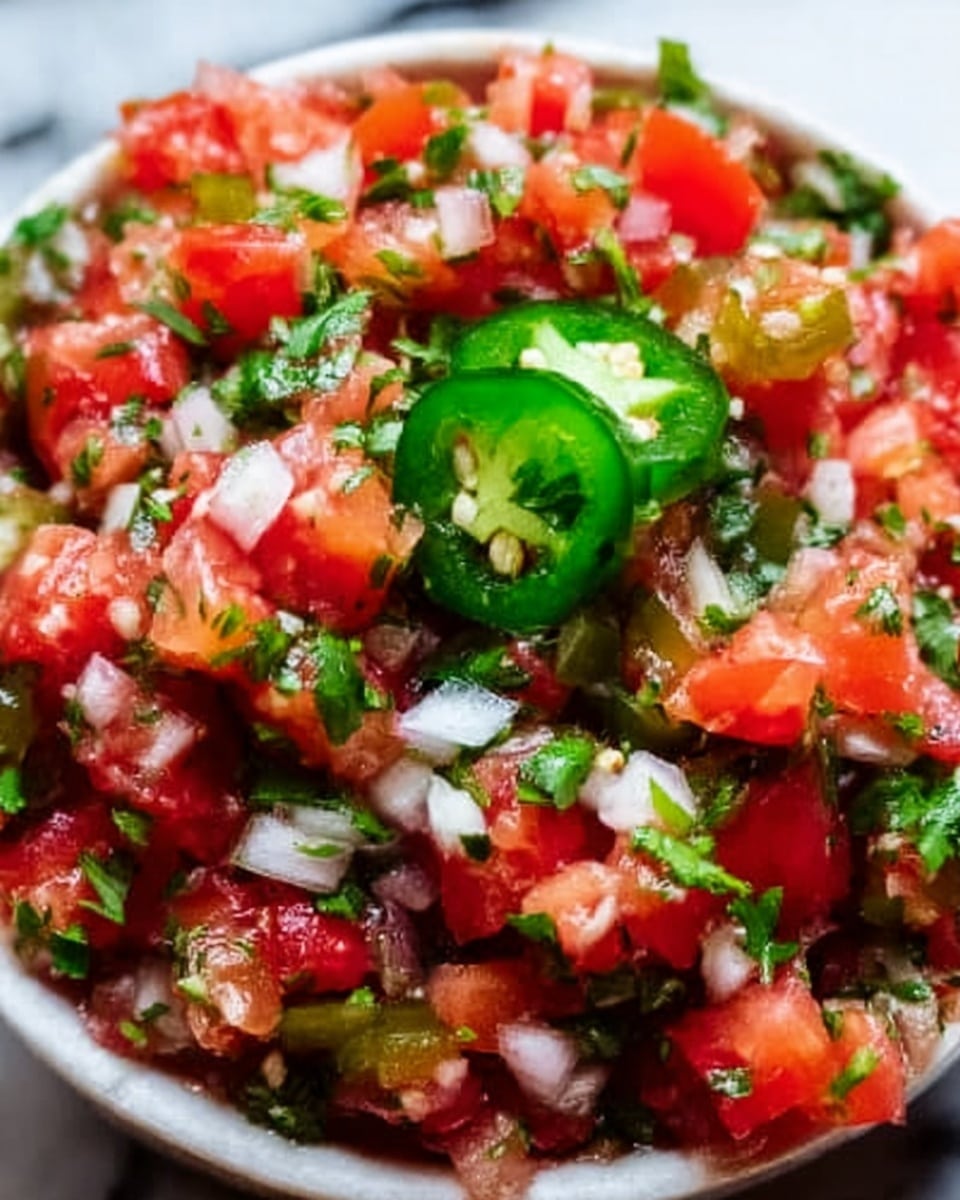 A close-up view of a fresh salsa dish showing three layers of chopped ingredients: the bottom layer has small white pieces of onion, the middle layer has bright red diced tomatoes, and the top layer includes green chopped cilantro and slices of green jalapeño peppers, all mixed together with a slightly juicy texture. The colors are vibrant and the mixture looks fresh and slightly chunky. The background is a white marbled texture. photo taken with an iphone --ar 4:5 --v 7