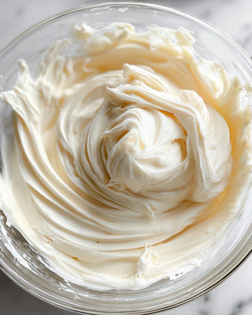 A single clear glass bowl filled with a smooth, creamy swirl of pale off-white frosting that forms a spiral pattern rising gently from the edges toward a soft peak in the center, displaying rich, silky texture with subtle ridges and folds throughout, set against a white marbled surface. photo taken with an iphone --ar 4:5 --v 7