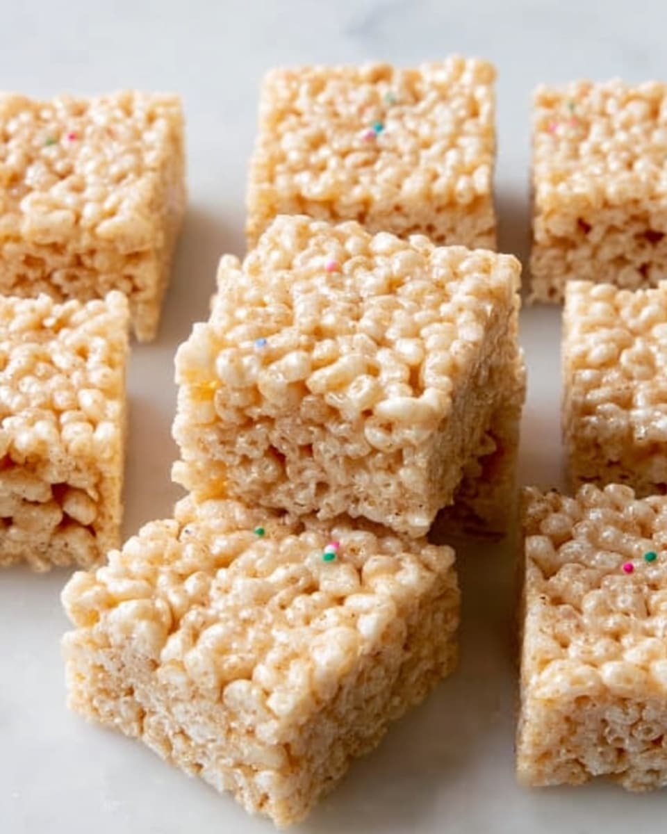 The image shows several square pieces of a light beige crispy rice treat, stacked and spread out on a white marbled surface. Each square has a rough texture with small puffed rice visible all over, and faint colorful sprinkles can be seen inside the treat, giving hints of bright colors like red, blue, and green. The treat looks soft and slightly sticky, with clear blocky edges that show the thickness of each piece. One square is tilted, showing its side view and layered texture. Photo taken with an iphone --ar 4:5 --v 7