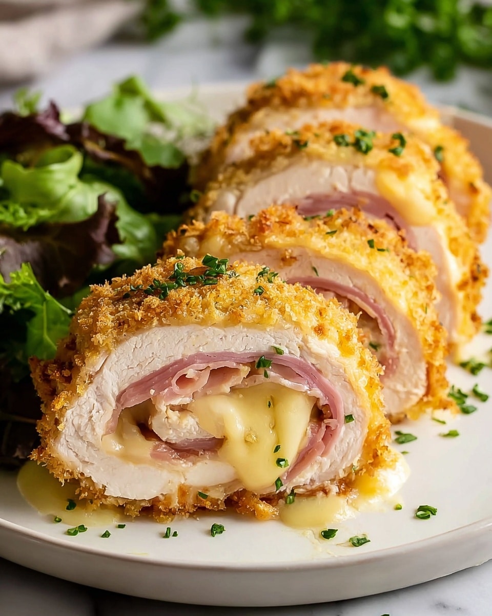A close-up of sliced chicken cordon bleu arranged in a row on a white plate with a grey rim, resting on a white marbled texture. Each piece shows multiple layers starting with a golden, crispy breadcrumb crust on the outside, a smooth creamy melted cheese layer beneath it, followed by a thin pink ham layer wrapped around a white, tender cooked chicken breast center. The dish is garnished with small fresh green herb pieces scattered on top, and fresh green leafy lettuce is placed beside the slices. The lighting highlights the crispy texture and the creamy melting cheese inside, making the dish look warm and appetizing. photo taken with an iphone --ar 4:5 --v 7