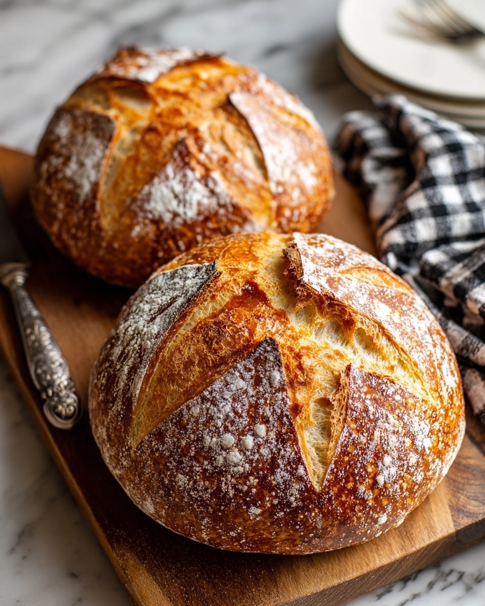 Two round sourdough bread loaves with a golden-brown crust are placed on a wooden board. Each loaf has a scored cross pattern on top, revealing a lighter, soft-looking inside with a slightly rough texture. The crust has a shiny finish with some white flour dusted spots. The background includes a white marbled surface with a plaid cloth underneath the board and a white plate with silver cutlery partly visible. photo taken with an iphone --ar 4:5 --v 7