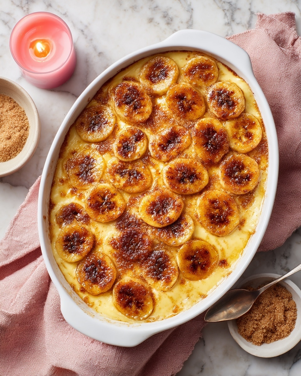 A white oval baking dish filled with a warm dessert that has a golden-brown top layer of baked banana slices, each caramelized with a slightly crispy edge and sprinkled with a light dusting of brown sugar. The inside layer beneath the bananas is soft and custard-like, showing a rich creamy yellow texture soaked in syrup. The dish is placed on a soft pink cloth on a white marbled surface. A pink candle and a white bowl filled with brown sugar are positioned nearby. Photo taken with an iphone --ar 4:5 --v 7