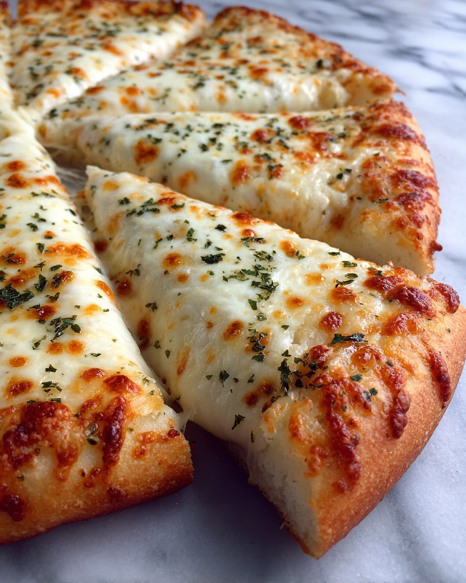 The image shows a white marbled surface with a whole pizza sliced into eight pieces. The pizza has a thick, golden-brown crust with a slightly crispy texture around the edges. The top layer is covered evenly with melted, creamy white cheese that has small golden spots where it browned slightly. There is a light sprinkling of dried green herbs, giving texture and color contrast across the cheese. The pizza is arranged in a circular shape, and the slices have clean, even cuts. Photo taken with an iphone --ar 4:5 --v 7