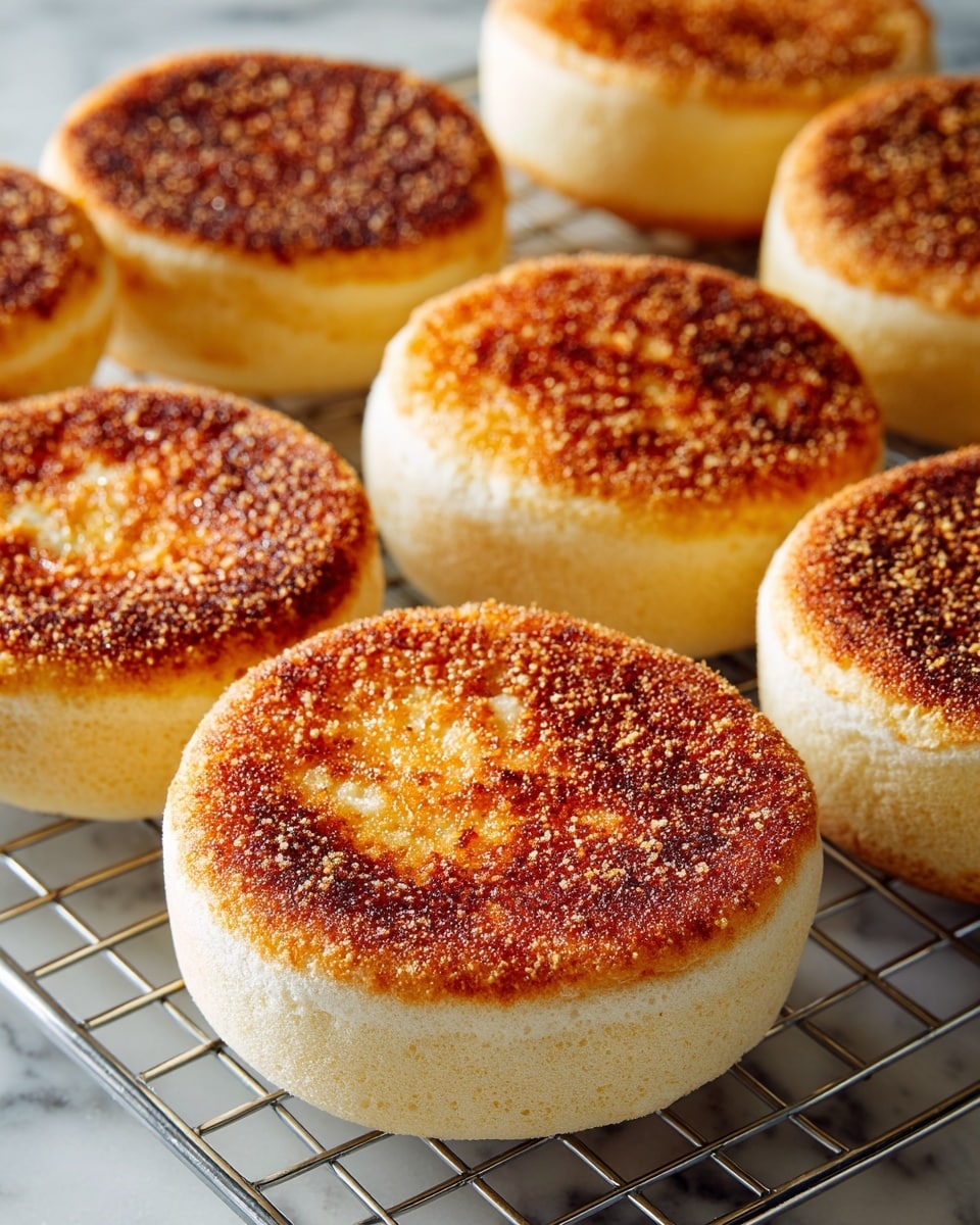 The image shows a close-up of seven round English muffins cooling on a wire rack. Each muffin has a golden brown top with a slightly charred, toasted look and a speckled texture from cornmeal dusting. The muffins have a thick, soft, and pale outer edge that contrasts with the darker browned centers. The wire rack's silver metal lines are visible beneath the muffins, and the surface underneath has a wooden texture, which should be imagined as a white marbled texture. photo taken with an iphone --ar 4:5 --v 7
