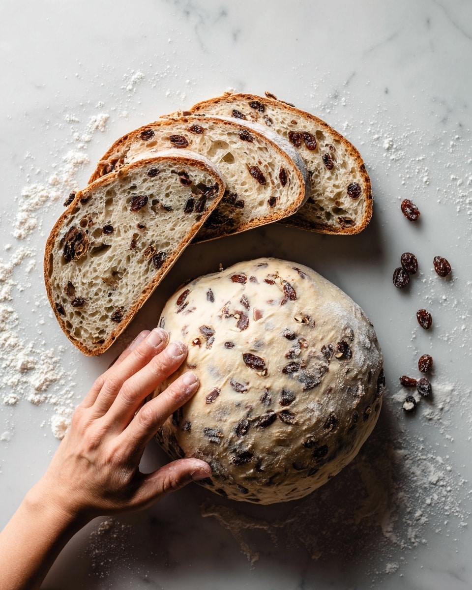 The image shows three thick slices of sourdough bread stacked in a fan shape on a white marbled surface. The bread is light brown with a crispy crust and has dark, irregular pieces of what looks like dried fruit and chocolate embedded throughout the soft, airy interior. Below the bread slices, a woman's hand is seen pressing gently into a rounded dough ball that is studded with similar dark pieces, resting on a floured white marbled surface. The dough looks smooth and elastic with slight stretching where the fingers press in. Photo taken with an iphone --ar 4:5 --v 7