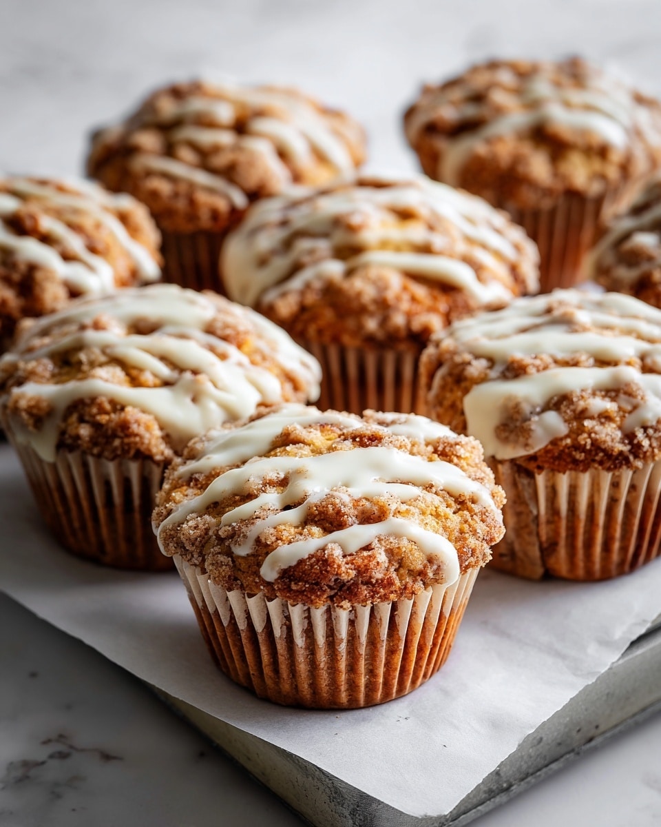 The image shows a close-up of nine muffins arranged in a baking tray on a white marbled surface. Each muffin has a rough, golden-brown top with a textured layer of cinnamon or spice crumble baked into it, giving a darker brown color in spots. A generous drizzle of smooth, white glaze coats the top of each muffin in uneven patterns, adding a glossy contrast. The muffins are wrapped in light brown paper liners that fold around their bases, standing out against the darker tray and the white marbled texture beneath. photo taken with an iphone --ar 4:5 --v 7