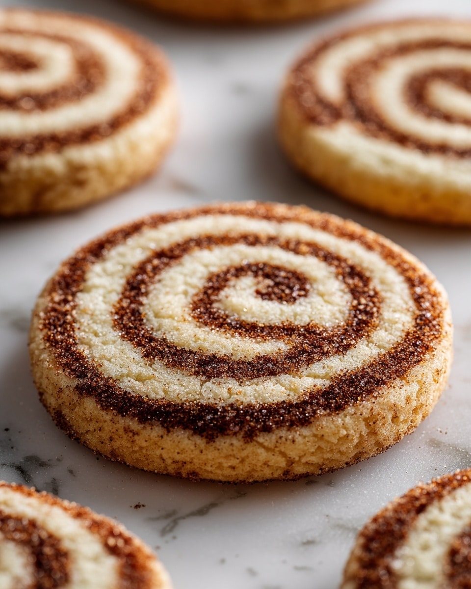 A close-up of a round cookie with a slightly cracked surface, showing two layers: a golden-brown baked base and a marbled top layer of light beige dough swirled with dark brown cinnamon sugar. The texture looks soft and crumbly, with fine granules of cinnamon sugar unevenly spread across the top. The cookies rest on a white marbled surface. photo taken with an iphone --ar 4:5 --v 7