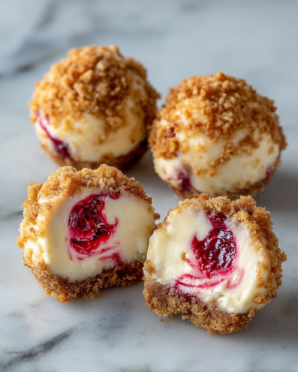 The image shows four round cheesecake bites arranged on a white marbled surface. Each bite has a crumbly light brown crust base, topped with a thick creamy white cheesecake layer with a swirl of bright red raspberry filling in the middle. The cheesecake looks smooth and soft with a slightly glossy finish. The tops are sprinkled with more crumbly crust pieces and small bits of raspberry, giving a textured look. One cheesecake bite in the front is cut in half, clearly showing the crust, creamy cheesecake, and vibrant red swirl inside. The scene is brightly lit, emphasizing the colors and textures. Photo taken with an iphone --ar 4:5 --v 7