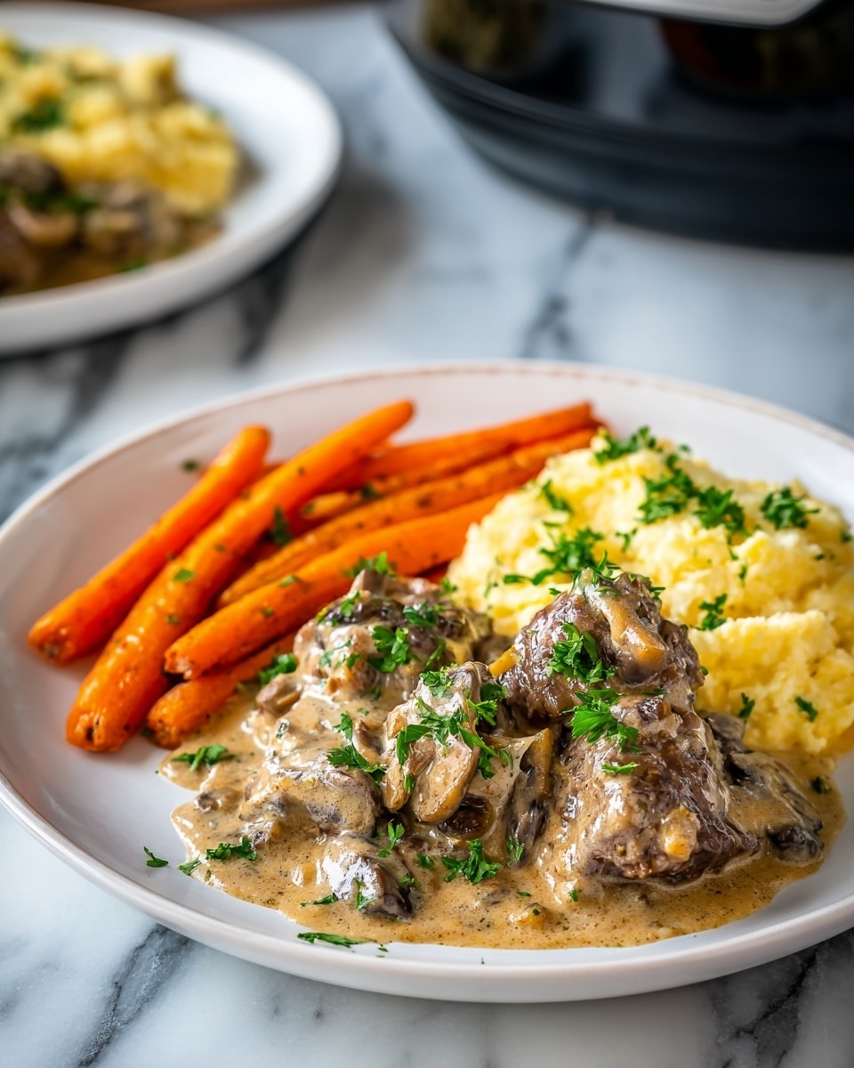 A white plate holds three parts: bright orange roasted carrot sticks on the left, creamy mashed potatoes with a soft, smooth texture and a little melted butter on top on the right, and two pieces of meat covered with a thick brown mushroom gravy with visible mushroom slices and small green herb pieces sprinkled on top, placed at the bottom center. The plate sits on a wooden surface with a blurred white marbled texture background. In the background, there is another white plate with the same food, slightly out of focus, and a black Crock-Pot is partly visible on the left side. photo taken with an iphone --ar 4:5 --v 7