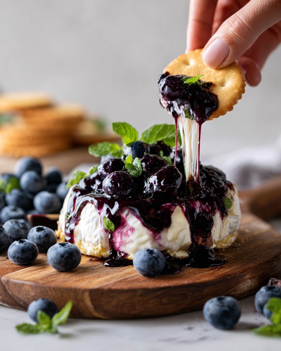 A close-up view shows a gooey melted white cheese layer on a wooden board, topped with dark purple blueberry sauce and whole blueberries scattered on and around it. A woman’s hand is lifting a round, light golden cracker from the cheese, pulling the stretchy, melted cheese in a middle layer upward, with some blueberry sauce clinging to it. Behind the cheese, there is a small pile of fresh blueberries and some green herb leaves on the wooden board. The whole scene is set on a white marbled texture surface. photo taken with an iphone --ar 4:5 --v 7