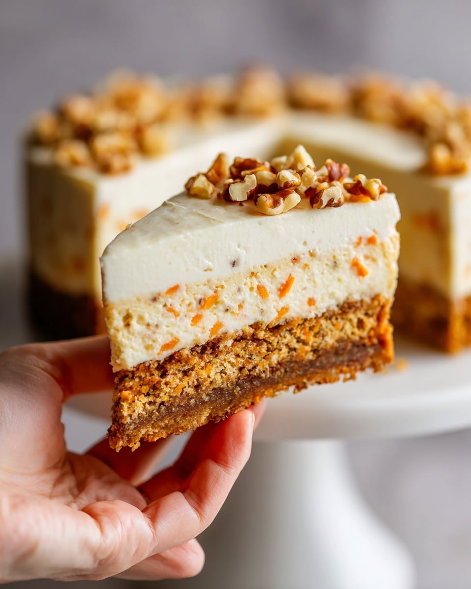A slice of creamy carrot cake cheesecake is held by a woman's hand above a white cake stand with a white marbled texture background. The cheesecake has three visible layers: the bottom layer is a dense, moist carrot cake with a rich brown color and texture showing bits of carrot and nuts; the middle layer is thick and creamy with a light beige color mixed with specks of carrot and nuts; the top layer is a smooth white cream cheese frosting sprinkled with chopped golden brown walnuts. The full cheesecake rests on the cake stand blurred in the background. Photo taken with an iphone --ar 4:5 --v 7