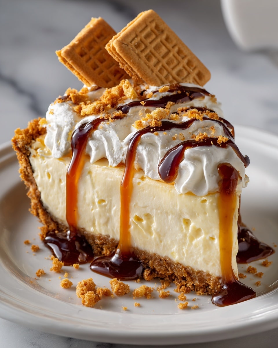 A slice of creamy layered pie rests on a white plate, starting with a thick crumbly golden brown crust as the base, followed by a smooth, pale yellow filling. On top, a generous layer of white whipped cream is swirled with soft peaks. Drizzled across the cream is a shiny caramel sauce creating glossy dark amber ribbons. Small light tan crunchy crumbles are scattered on top and around the slice. Three square waffle-like biscuits with a warm brown color are placed tilted near the back edge of the pie, adding texture and height. The plate sits on a white marbled surface. Photo taken with an iphone --ar 4:5 --v 7