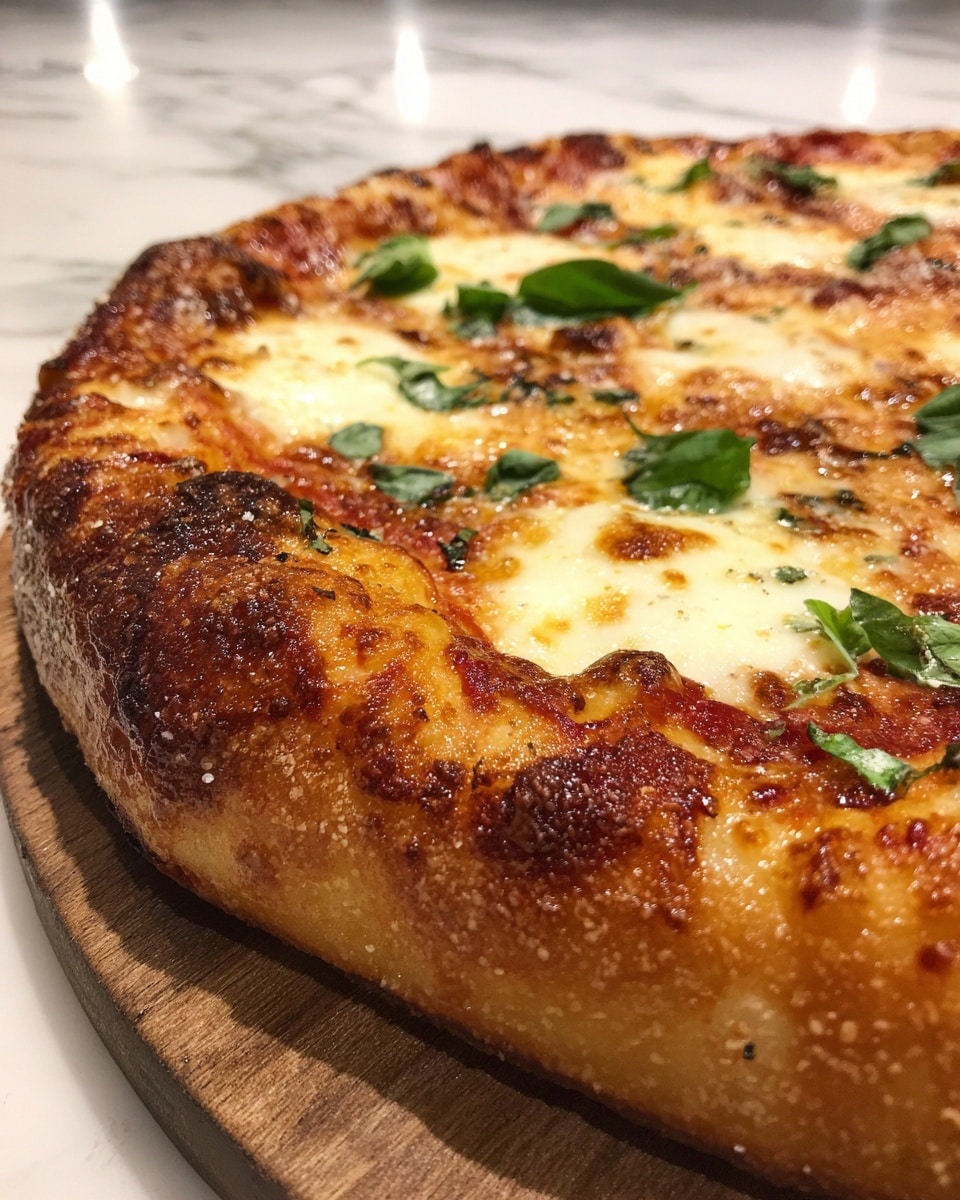 A close-up view of a freshly baked pizza with a golden, slightly crispy outer crust that has a few darker brown spots. The pizza is topped with melted mozzarella cheese in thick white patches scattered evenly over the surface, with some areas showing browned melted cheese blending into the crust. Small green basil leaves are placed on top, adding a fresh pop of color. The pizza rests on a wooden board that contrasts with the white marbled surface underneath, adding warmth to the image. photo taken with an iphone --ar 4:5 --v 7
