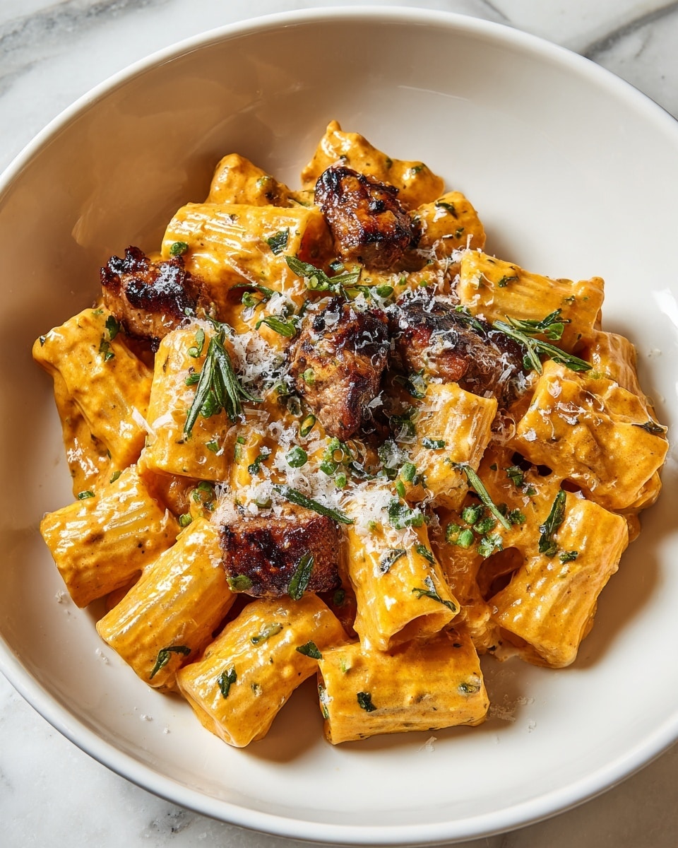 The image shows a close-up of a pasta dish with three layers: the bottom layer is short tube-shaped pasta coated in a creamy orange sauce with some green herb bits sprinkled on top, giving a slightly rough texture; on top of the pasta, there is a layer of small, browned meat cubes that look juicy with a slightly crispy outside; the pasta and meat together fill the frame with no visible plate edge, set on a white marbled surface. photo taken with an iphone --ar 4:5 --v 7