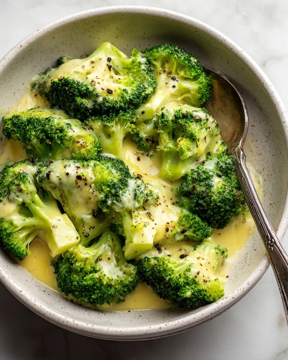The image shows a bowl filled with bright green broccoli florets that have a firm texture, covered evenly with a creamy, light yellow cheese sauce. The broccoli pieces are mostly medium-sized and arranged in layers, with the sauce pooling slightly in between, giving a smooth and glossy look. Small black pepper flakes are scattered on top, adding specks of dark contrast. A silver fork rests inside the bowl, slightly embedded in the broccoli, hinting at ready-to-eat freshness. The bowl itself is white with a subtle speckled pattern, sitting on a surface with a white marbled texture. photo taken with an iphone --ar 4:5 --v 7