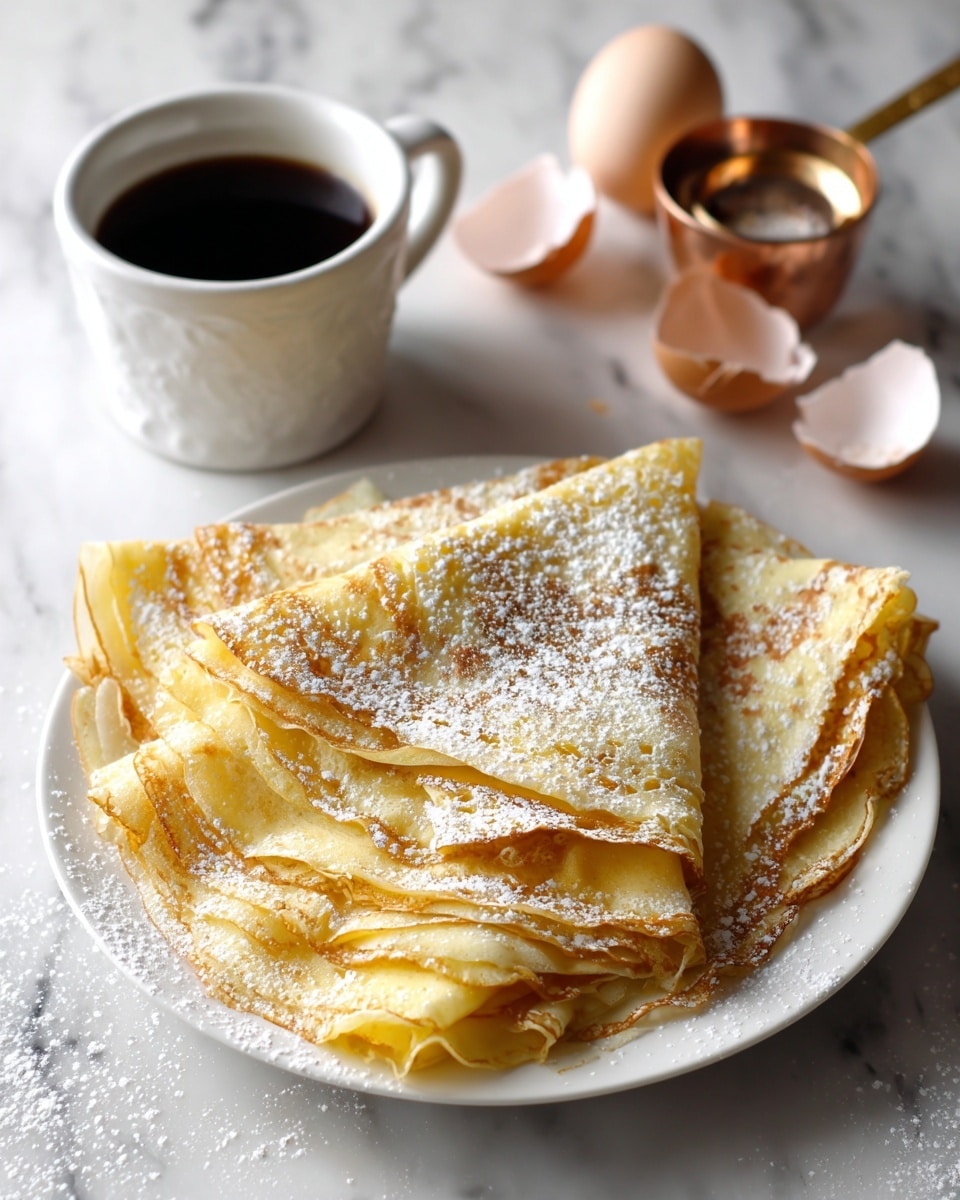 A white plate holds a stack of thin, golden-yellow crepes folded into triangles, layered unevenly with some crepes slightly overlapping others, and lightly dusted with white powdered sugar, giving a soft texture on top. Behind the plate, there is a white cup filled with dark black coffee, a copper measuring cup, and some broken white eggshells scattered on a white marbled surface. The scene is softly lit, making the crepes look warm and inviting. photo taken with an iphone --ar 4:5 --v 7