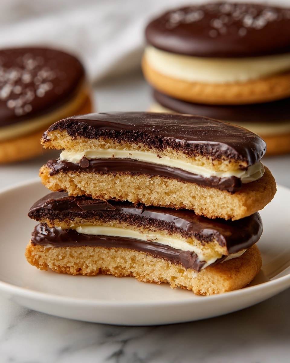 The image shows a round cookie cut in half on a white plate, revealing three clear layers inside: a soft golden-brown cookie base, a smooth pale yellow cream filling in the middle, and a thick shiny dark chocolate layer on top. The cookie surface looks slightly crumbly and soft, and the chocolate topping is glossy with a gentle ripple texture. In the background, there are more whole cookies stacked, all on the white plate placed on a white marbled surface. photo taken with an iphone --ar 4:5 --v 7
