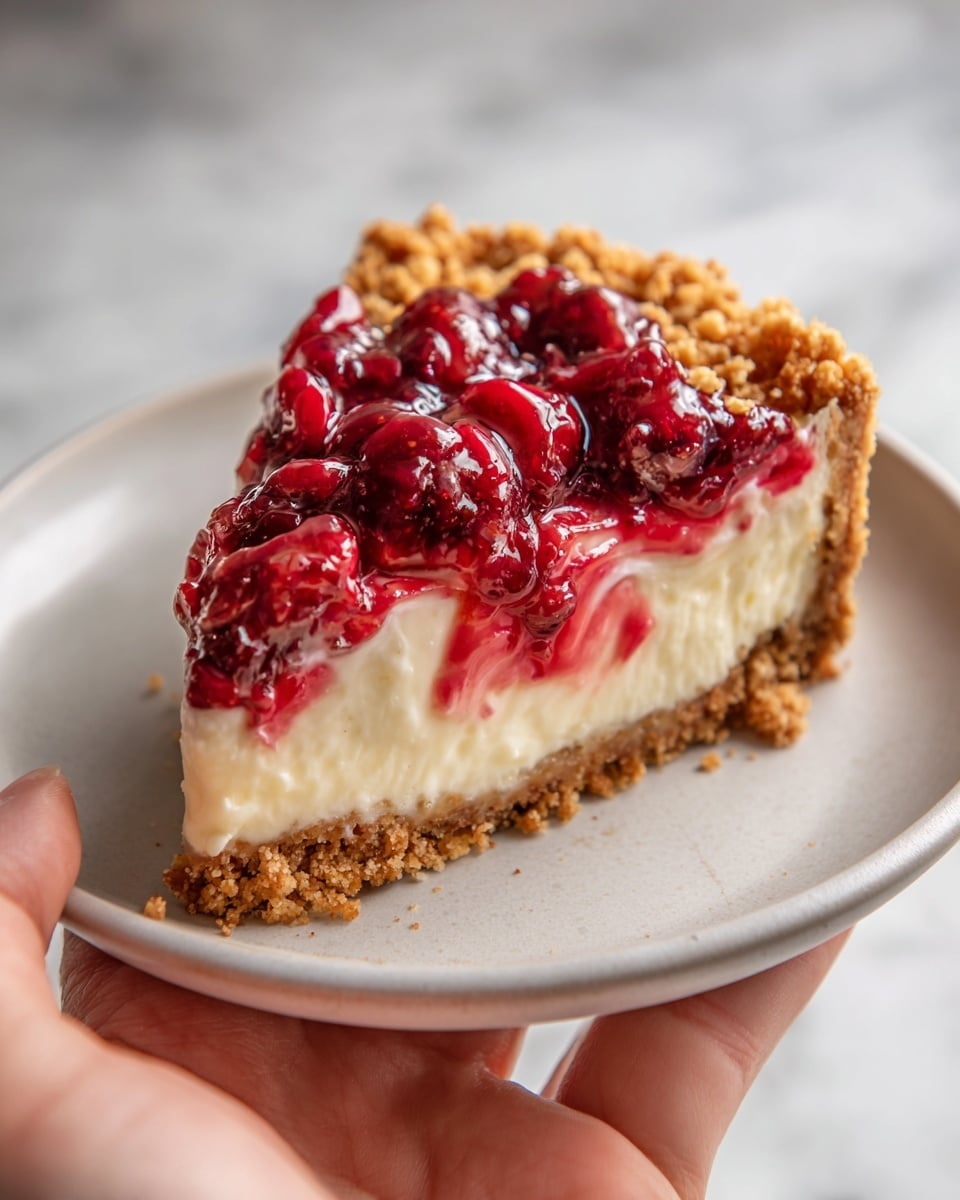 A slice of pie with three visible layers sits on a white plate placed on a white marbled surface. The bottom layer is a golden brown crust with a firm edge, the middle layer is thick and creamy white filling, and the top layer features swirled bright red berry sauce spreading unevenly across the creamy filling. The texture of the crust looks crumbly, while the filling appears smooth and soft, and the berry sauce looks glossy and slightly chunky. Photo taken with an iphone --ar 4:5 --v 7