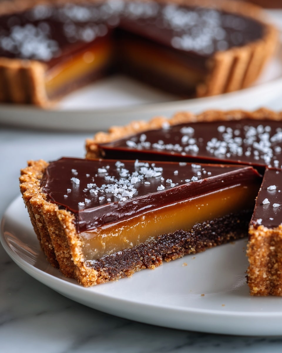 The image shows a close-up view of a sliced tart placed on a white plate. The tart has three distinct layers: a crumbly brown crust at the bottom, a smooth caramel layer in the middle with a rich golden brown color, and a shiny dark chocolate topping on the surface. There are small white flakes sprinkled gently on top of the chocolate layer. The background has a white marbled texture, and the photo is taken with an iphone --ar 4:5 --v 7