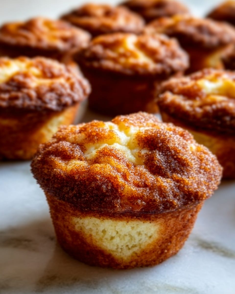 The image shows several golden brown muffins with a crumbly cinnamon sugar topping and a creamy white cheese layer visible at the center of each muffin. The muffins have a slightly rough texture on the outside with a soft, creamy filling peeking through. They sit close together on a white marbled surface, with two muffins in the foreground clearly focused, showing detailed texture and color, while more muffins blur softly in the background. The photo was taken with an iphone --ar 4:5 --v 7