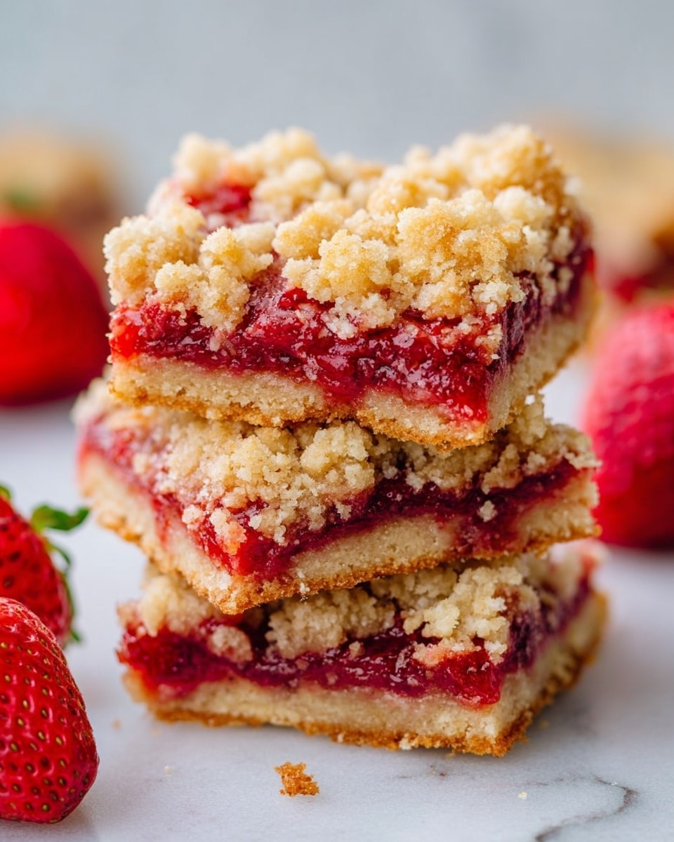 A stack of three square strawberry crumb bars is shown, each bar with three visible layers: a golden-brown crumbly base at the bottom with a rough texture, a middle layer of vibrant red strawberry filling that looks juicy and slightly glossy, and a top layer of crumbly, light golden streusel that appears soft and uneven. The bars are placed on a white marbled surface with a few small crumb pieces scattered nearby. A fresh strawberry cut in half is visible at the bottom left corner, adding a splash of bright red color. The background is softly blurred to emphasize the details of the bars. photo taken with an iphone --ar 4:5 --v 7