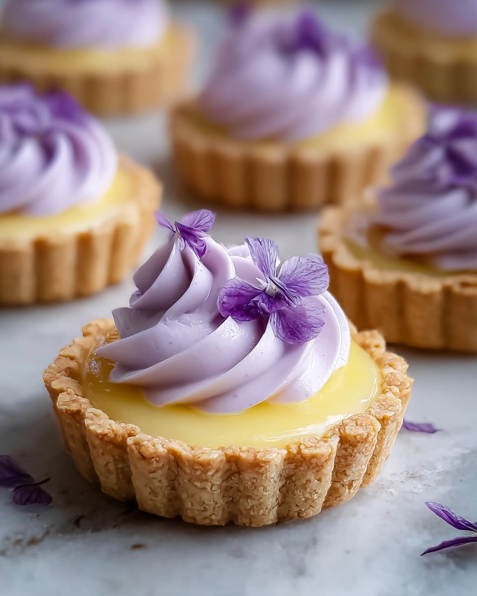 A close-up view of small tarts, each with a golden, crumbly base forming the first layer. On top is a smooth, glossy pale yellow filling that looks like lemon curd. The third layer is a swirl of soft, light purple whipped cream, piped neatly around the tart. Small, delicate purple flowers decorate the whipped cream, adding a fresh, natural touch. The tarts rest on a white marbled surface with a soft focus background showing more tarts. photo taken with an iphone --ar 4:5 --v 7
