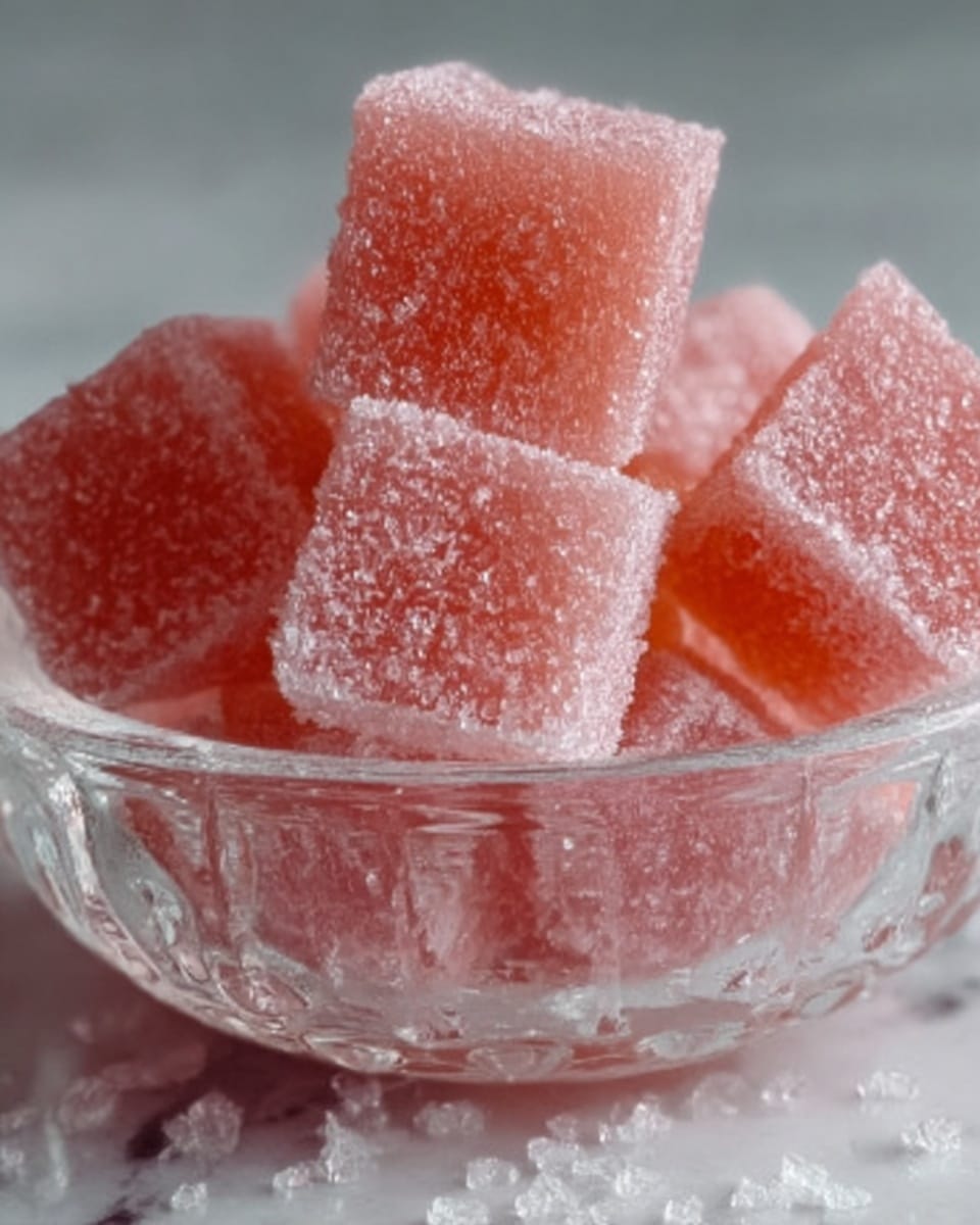 A close-up view of a small clear glass bowl filled with square pink sugar cubes. Each cube is covered with granulated sugar, giving them a rough texture that catches the light, making them look sparkly. The bowl sits on a white marbled surface, and granulated sugar is scattered around the base of the bowl, adding to the detail. Photo taken with an iphone --ar 4:5 --v 7