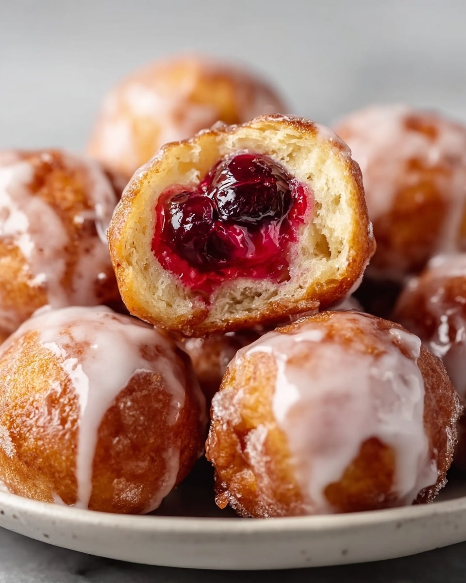 A close-up view of several round fried dough balls with a golden-brown crispy texture, each covered with a thin layer of white icing dripping down the sides. One dough ball is cut open and held above the others to show a thick, shiny, deep red cherry filling inside, which looks juicy and slightly glossy. The dough balls sit in a white skillet on a white marbled surface, with soft steam rising from the open dough ball. photo taken with an iphone --ar 4:5 --v 7