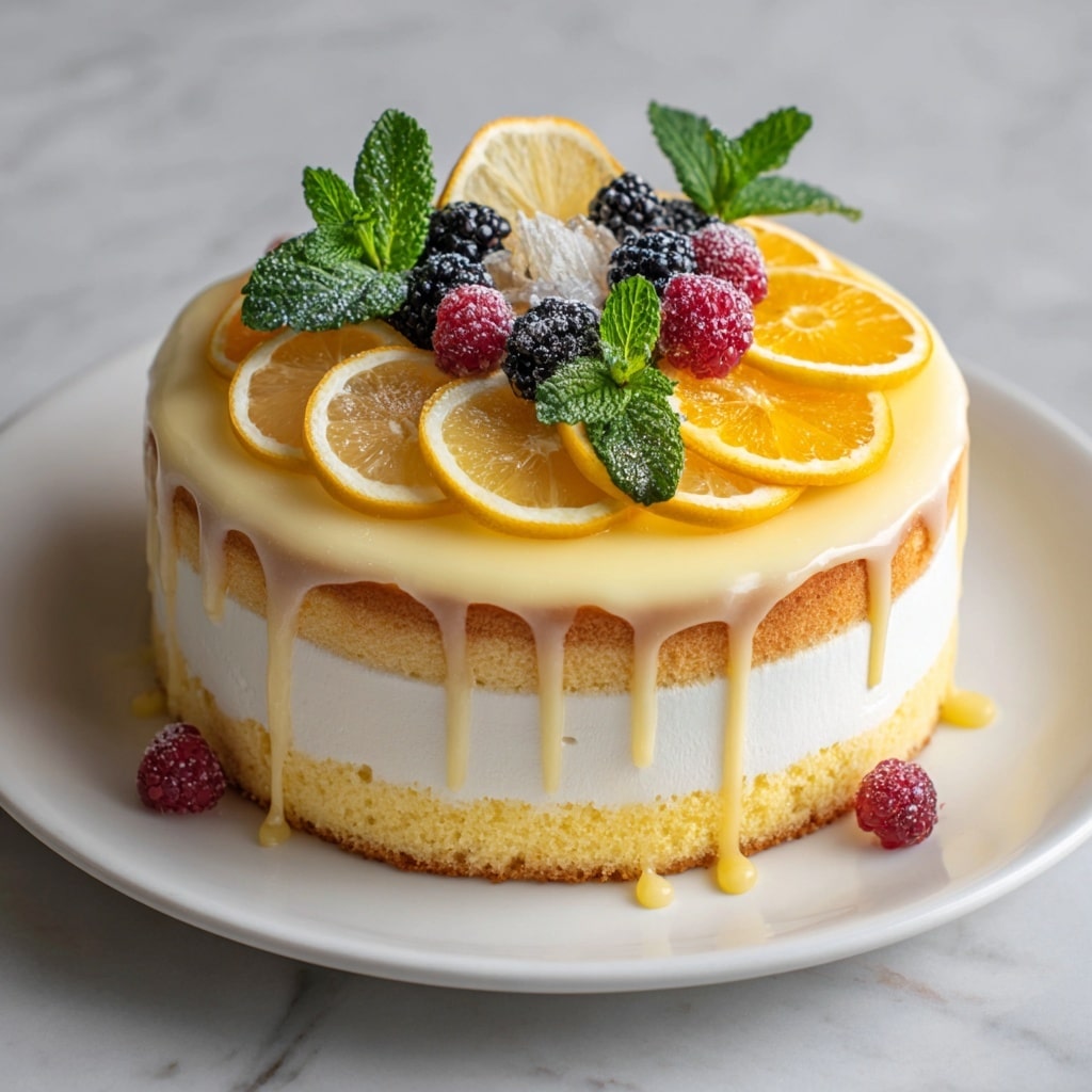 A round cake with three visible layers sits on a white plate on a white marbled surface. The bottom layer is a light yellow sponge cake, followed by a thick middle layer of smooth white cream, and topped with another thin sponge cake layer. The outside of the cake is covered in cream with a light yellow drizzle running down the sides. On top, there are several slices of lemon and orange arranged in a circular pattern, some blackberries and raspberries scattered around, and fresh green mint leaves. The cake looks fresh and colorful, with a mix of creamy and juicy textures. photo taken with an iphone --ar 4:5 --v 7