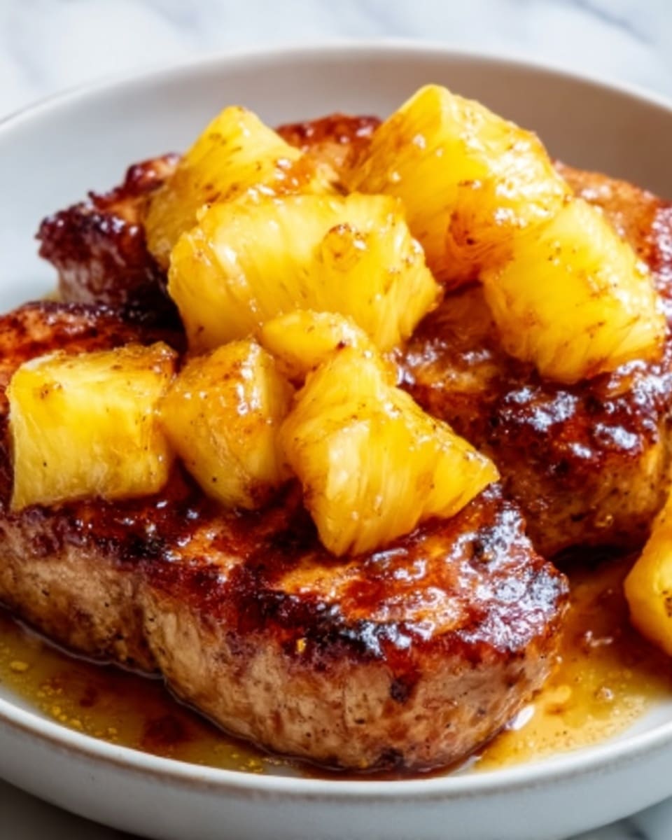 A close-up of a white plate filled with grilled pork chops covered in a glossy brown sauce, topped with golden-yellow grilled pineapple chunks scattered evenly over the meat. The pork chops have char marks and a caramelized look, while the pineapple pieces show slight browning from grilling. The plate sits on a white marbled surface, with warm lighting enhancing the rich colors of the sauce and pineapple. photo taken with an iphone --ar 4:5 --v 7