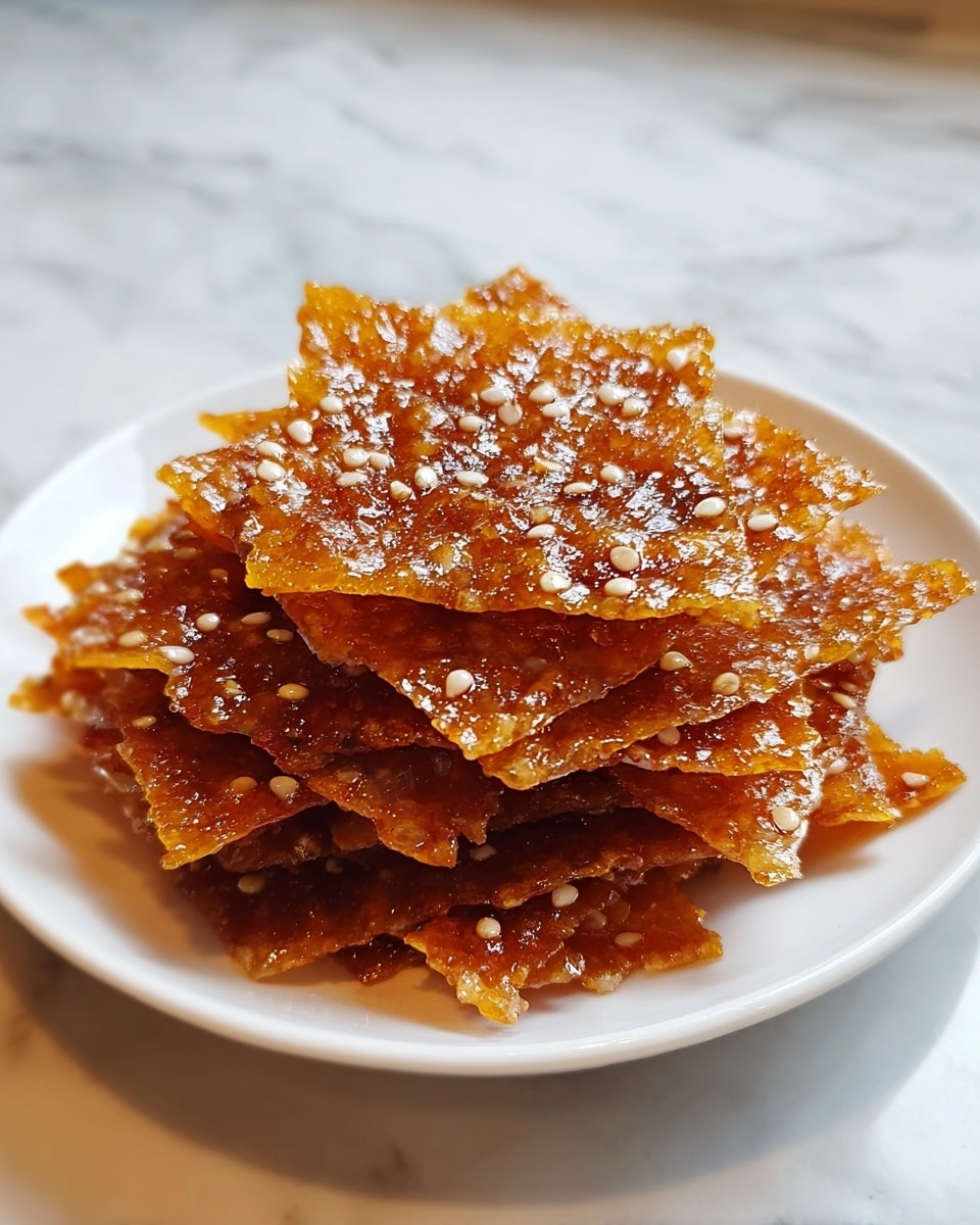 A neat stack of glossy, crispy caramel-colored brittle pieces sits on a plain white plate, each piece showing small white puffed seeds embedded on the surface. The brittle layers have irregular, jagged edges and a slightly translucent texture, with some darker caramelized spots and tiny bits of green scattered throughout. The pile is slightly uneven, with the pieces overlapping in a casual, inviting way. The background features a white marbled texture, adding a clean and simple feel to the image. photo taken with an iphone --ar 4:5 --v 7