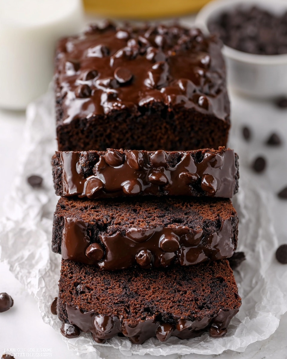 The image shows a close-up of five thick slices of chocolate loaf bread stacked on lightly crumpled white parchment paper on a white marbled surface. Each slice is dark brown and soft with a moist texture speckled with small chocolate chunks. The top of the loaf is richly coated with a glossy layer of melted dark chocolate and studded with shiny chocolate chips, some slightly melted into the drizzle. The loaf has a dense inner crumb visible on the cut sides, showing some uneven holes and a few scattered nuts or fruit pieces. To the side, there is a small white bowl filled with chocolate chips. Photo taken with an iphone --ar 4:5 --v 7