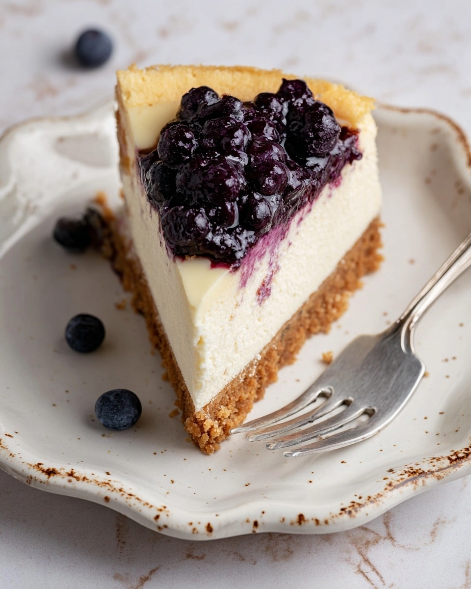A slice of cheesecake with three visible layers is placed on a white plate with small brown speckles and a scalloped edge. The bottom layer is a thick, crumbly brown crust, the middle layer is a thick, creamy white cheesecake filling, and the top layer is a thin spread of dark purple blueberry topping with some whole blueberries visible. A silver fork rests on the plate next to the cheesecake. The background is a white marbled texture with two scattered blueberries. Photo taken with an iphone --ar 4:5 --v 7