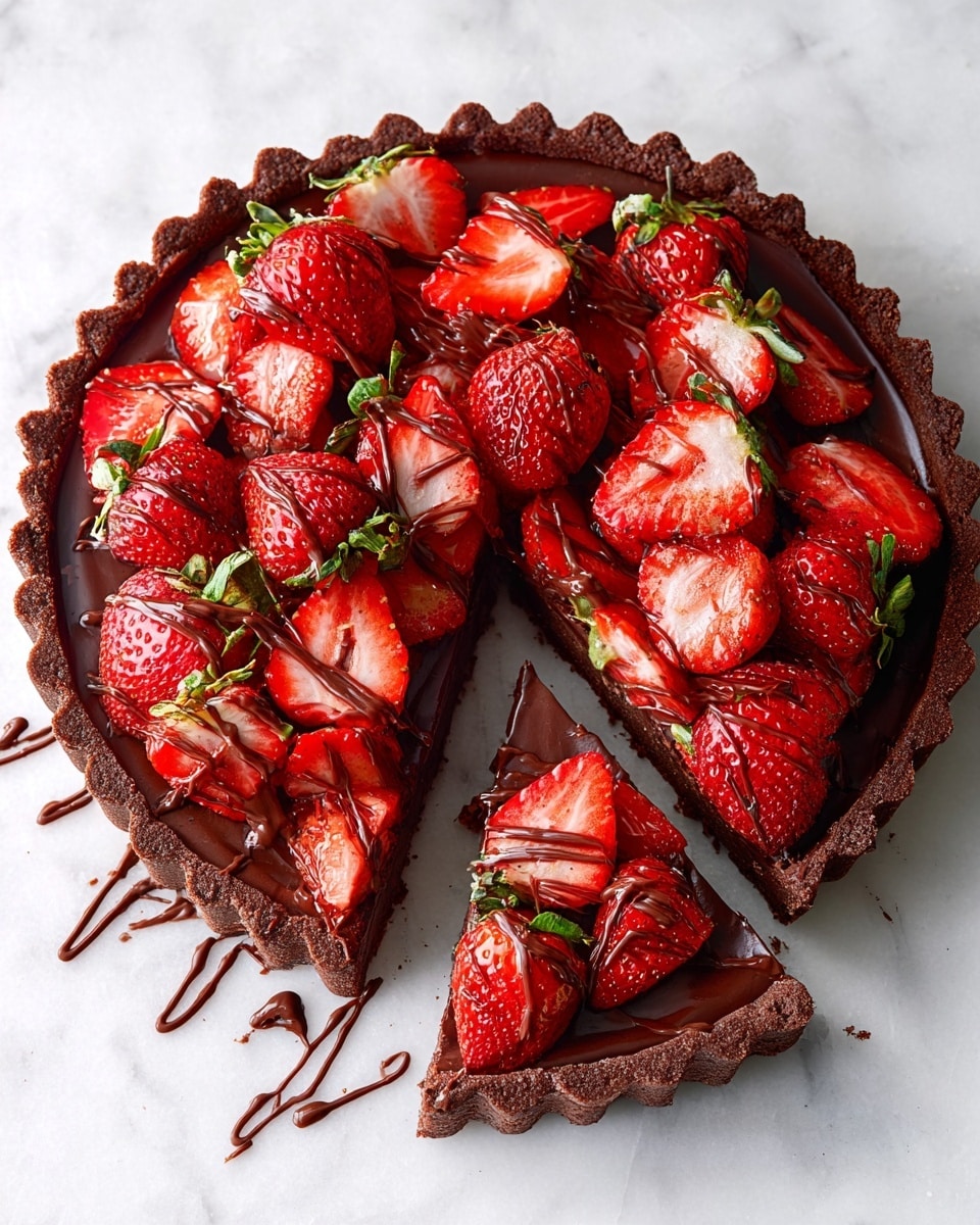 A round chocolate tart with a crumbly dark brown crust forms the base layer, topped with a smooth, glossy dark chocolate ganache filling that covers the entire tart evenly. On top, there is a generous layer of bright red strawberries, some whole with green leafy tops, others halved showing their juicy interior. The strawberries are arranged to cover the ganache surface densely. Drizzled over the strawberries and ganache is a thin, shiny drizzle of dark chocolate creating irregular lines and spots. One slice is cut and slightly pulled out, showcasing the same three layers, with strawberries on top. The tart is placed directly on a white marbled surface. Photo taken with an iphone --ar 4:5 --v 7