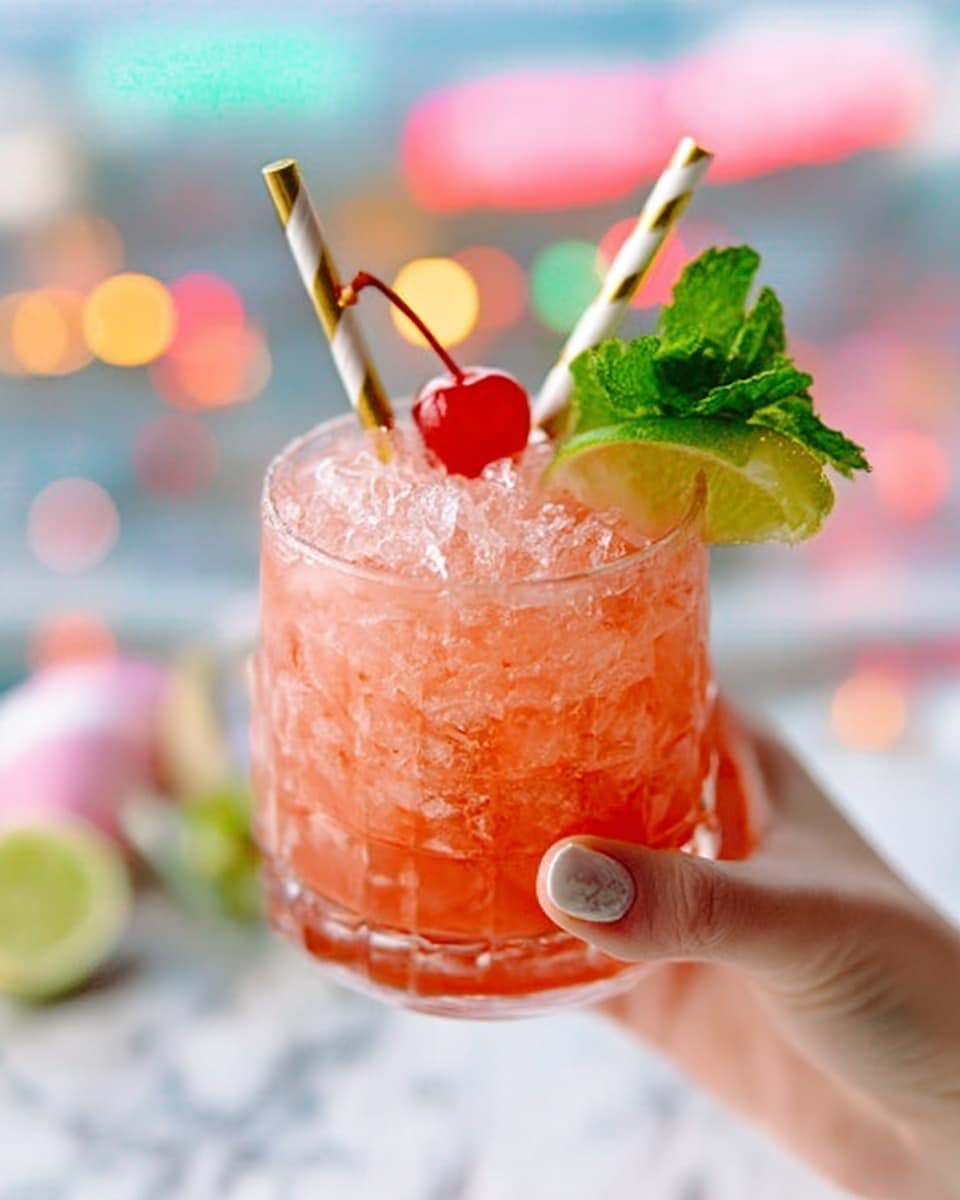 A clear glass filled with crushed ice and a pink liquid inside is held by a woman's hand with light blue nail polish; the drink is topped with a red cherry on a small skewer, a wedge of lime, and two fresh green mint leaves. A white and yellow striped straw leans against the side of the glass. The background is blurry with soft warm colors, and the surface is a white marbled texture. Photo taken with an iphone --ar 4:5 --v 7