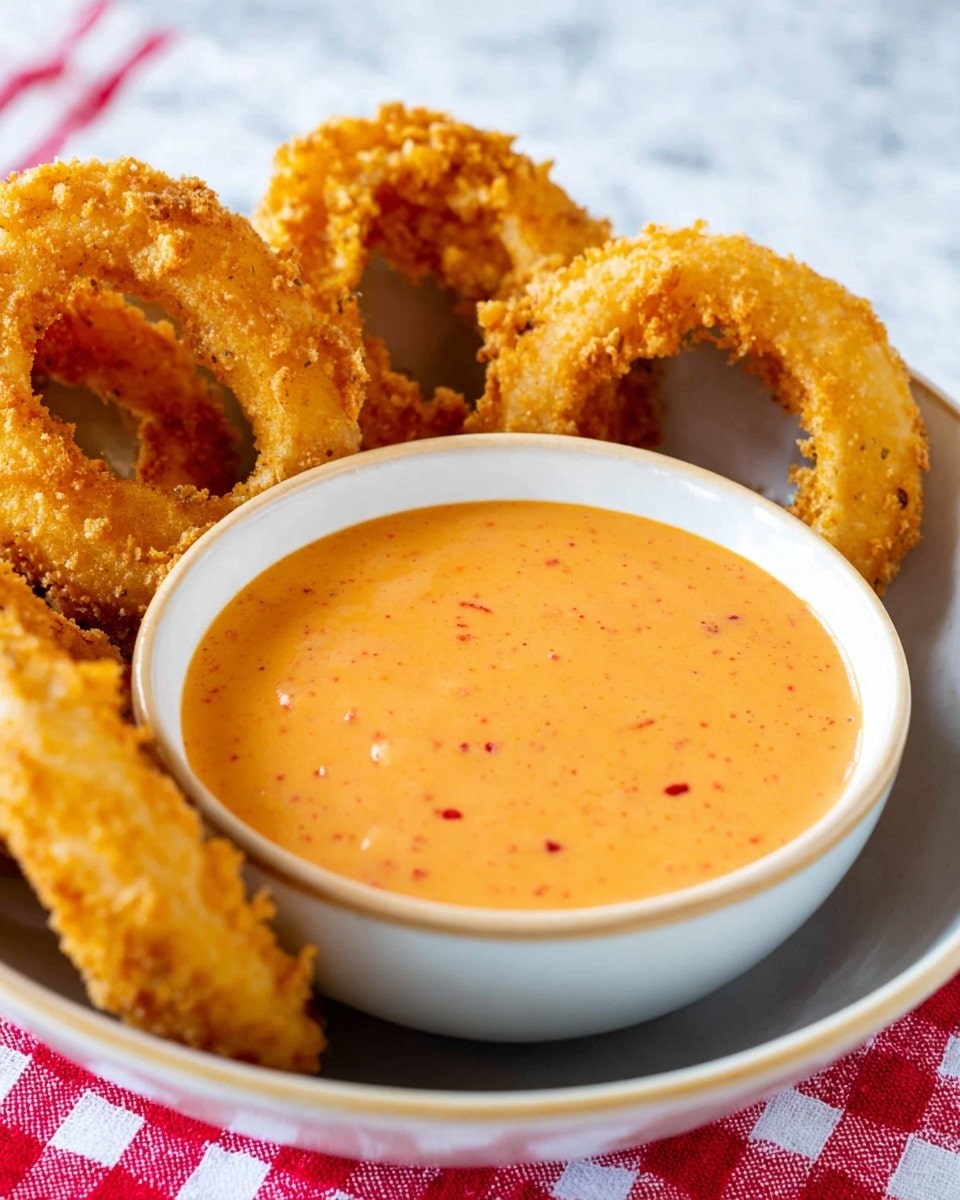 A white bowl filled with a smooth, creamy orange dipping sauce with small red flecks sits in the center of a white plate. Surrounding the bowl on the plate are several golden brown, crispy fried onion rings with a rough, crunchy texture. The plate rests on a white marbled surface with parts of a red and white checkered cloth and a blue and white striped cloth visible beneath it. photo taken with an iphone --ar 4:5 --v 7