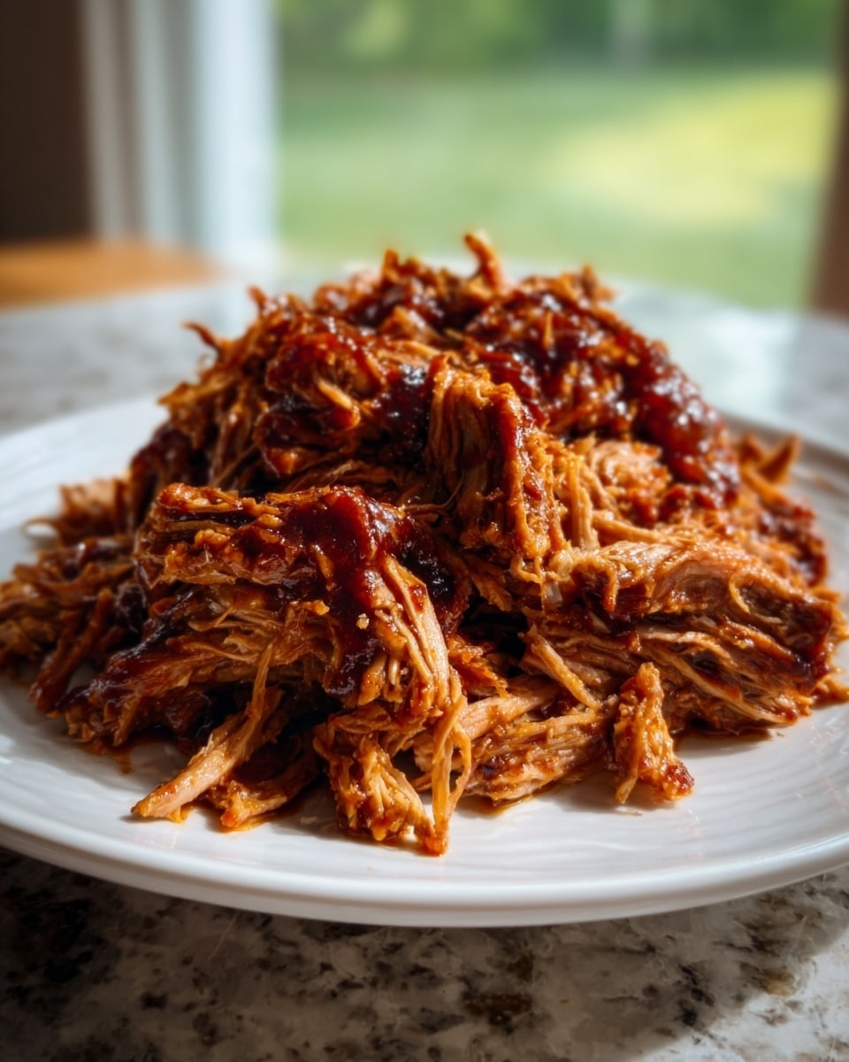 A white plate holds a large mound of pulled meat with a rich reddish-brown color and moist texture. The meat strands are long and slightly messy, piled high in the center of the plate. The background shows a white marbled surface with soft natural light highlighting the glossy and tender look of the meat. Photo taken with an iphone --ar 4:5 --v 7