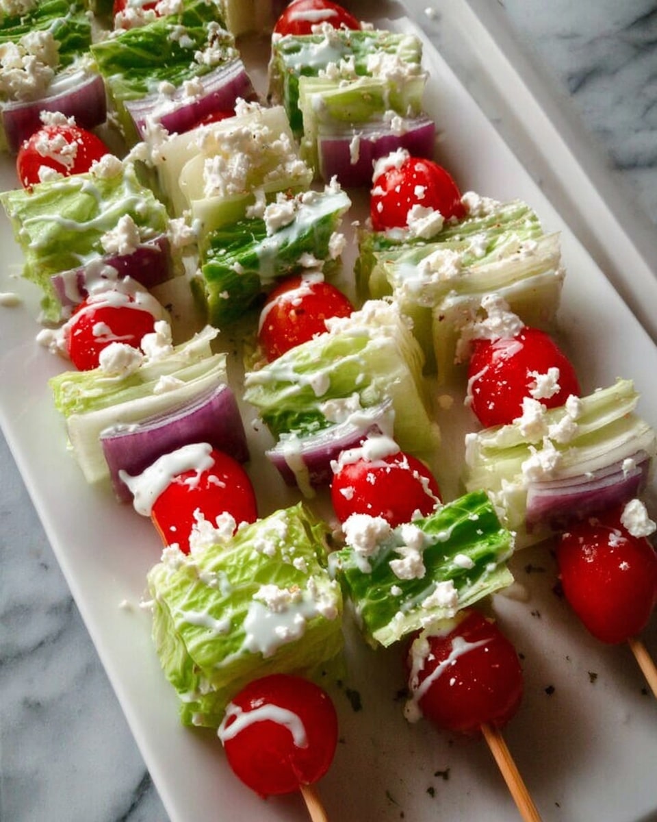 The image shows a white rectangular plate holding several vegetable skewers. Each skewer has layers starting with a thick wedge of green lettuce at the bottom, followed by a slice of red onion, then a slice of tomato, topped with a crumble of white cheese and drizzled with a light creamy dressing, creating a contrast with the fresh colors of the vegetables. The skewers are arranged closely in parallel, and a few drops of the dressing have fallen on the plate. The background is a white marbled texture. Photo taken with an iphone --ar 4:5 --v 7