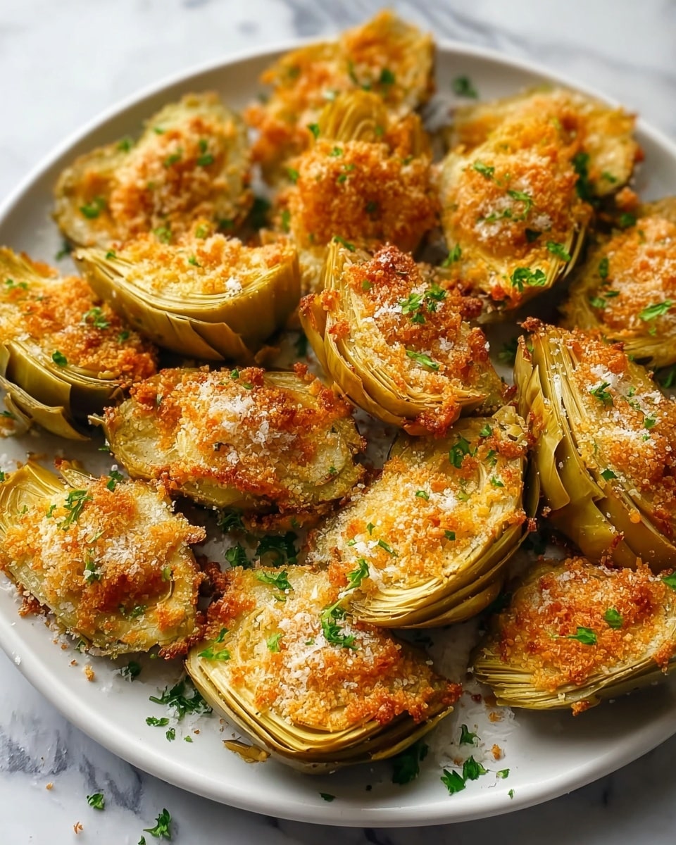 The image shows a white plate filled with golden brown baked artichoke halves, each cut side up. Each artichoke piece has a crunchy, textured breadcrumb layer on top that is evenly browned with crispy edges. The artichoke layers underneath are pale yellow-green with a soft look. Small green parsley bits are scattered over the artichokes, adding a pop of color. The plate rests on a white marbled surface, and the close-up shot highlights the crispy texture and moist inside of the artichokes. photo taken with an iphone --ar 4:5 --v 7