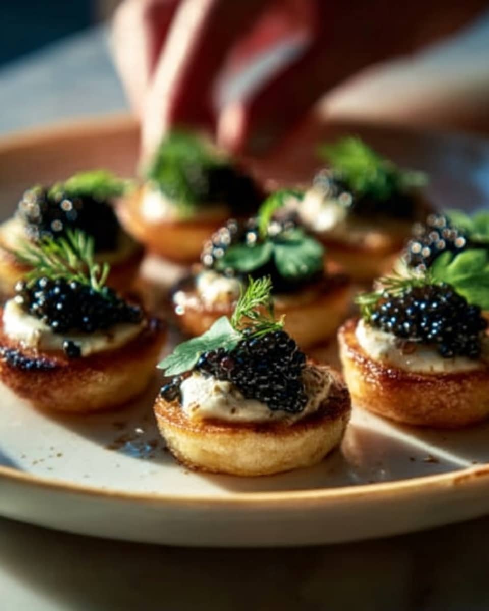 The image shows a close-up of six small golden-brown blini pancakes arranged in a circle on a white plate. Each blini has a topping made of soft creamy white dollops, crowned with small black caviar beads, and garnished with a small green dill leaf on the side. The pancakes have a slightly crispy texture on the edges and a smooth surface in the center. The background is softly blurred with warm tones, and the plate is set on a white marbled surface. photo taken with an iphone --ar 4:5 --v 7
