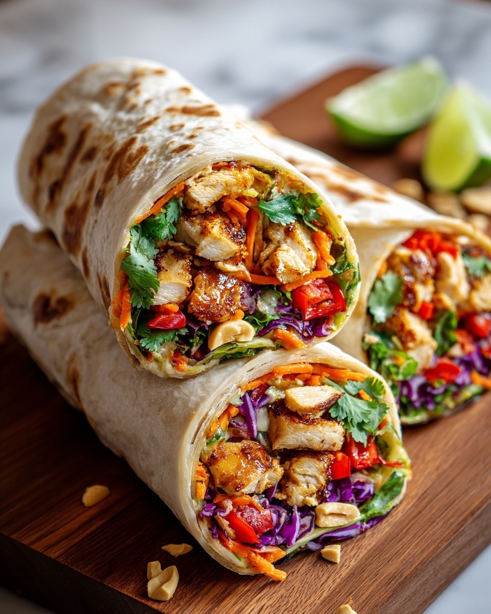 A close-up of two halves of a grilled chicken wrap resting on a wooden board, each wrapped in a soft, lightly toasted tortilla. The wraps are sliced to show three main layers inside: a bottom layer of green leafy lettuce, a middle layer of vibrant shredded orange carrots and shredded purple cabbage, and a top layer filled with golden brown grilled chicken pieces mixed with bright red bell peppers and fresh green cilantro. Small pieces of chopped peanuts are sprinkled around for texture, and in the blurred background, there are lime wedges. The image shows a rich mix of colors and textures, with the wraps stacked to highlight their filling layers. photo taken with an iphone --ar 4:5 --v 7