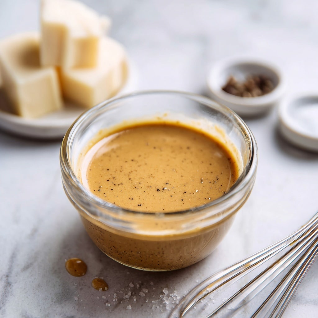 A small clear glass bowl filled with a thick, smooth, light brown sauce that has tiny dark specks throughout, sitting on a white marbled surface. Around the bowl, there are two light beige blocks of cheese slightly out of focus in the background, a small white plate with salt and pepper on the right side, and a silver whisk with some sauce drips lying in front of the bowl. The image is softly lit, showing the texture of the sauce and the creamy cheese pieces. photo taken with an iphone --ar 4:5 --v 7