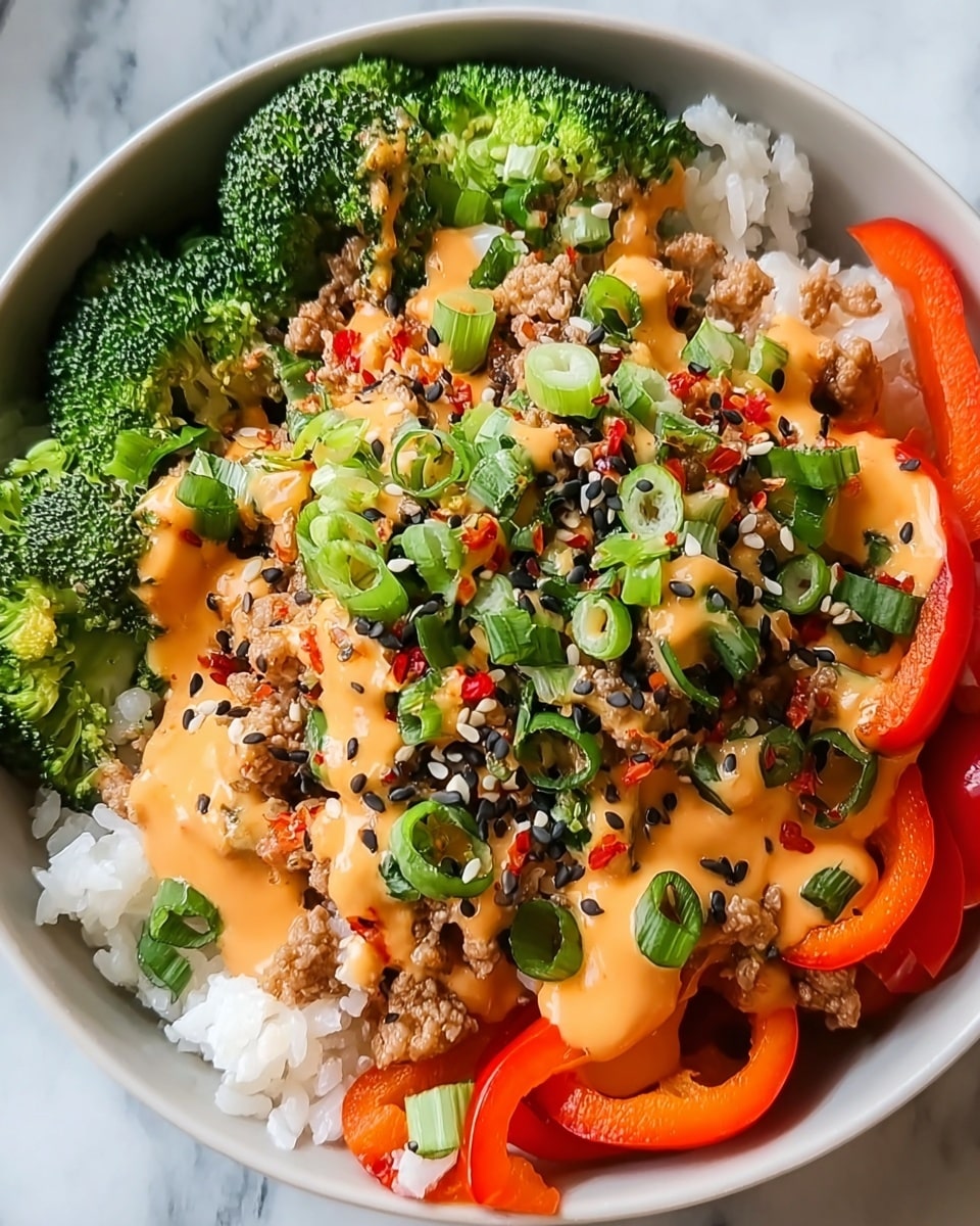 A close-up view of a white bowl filled with a colorful mixed dish, starting with a bottom layer of white rice. On top of the rice are bright green broccoli florets, dark red sliced bell peppers, and orange shredded carrots arranged around the edges. The middle layer is made of cooked ground meat with a crumbly texture, generously drizzled with a light orange creamy sauce. The dish is topped with chopped green onions scattered all over and a light sprinkle of black and white sesame seeds for texture. The whole bowl sits on a white marbled surface. Photo taken with an iphone --ar 4:5 --v 7