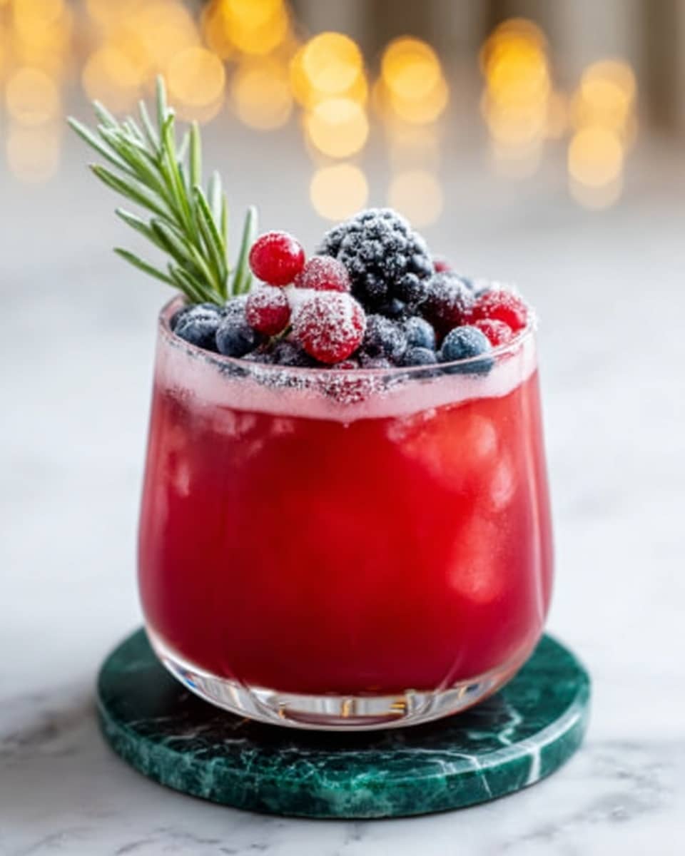 A clear rounded glass filled with a bright red drink sits on a dark green marble coaster. The drink is topped with a mix of blackberries, red berries, and frosted sugar, with a green rosemary sprig standing upright among the berries. The background is a soft white marbled surface with blurry warm lights. photo taken with an iphone --ar 4:5 --v 7