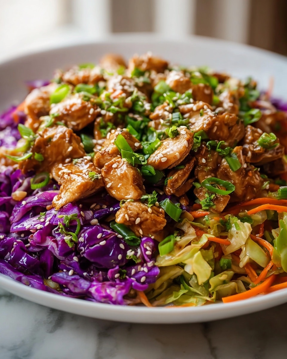 A close-up of a white plate filled with a colorful stir-fry dish that has three main layers: the bottom layer with bright purple cabbage pieces and thin orange carrot strips, the middle layer with light green cooked cabbage and chunks of golden-brown chicken, and the top layer sprinkled with small white sesame seeds and chopped green onions. The dish looks glossy and slightly saucy, sitting on a white marbled texture. The photo taken with an iphone --ar 4:5 --v 7