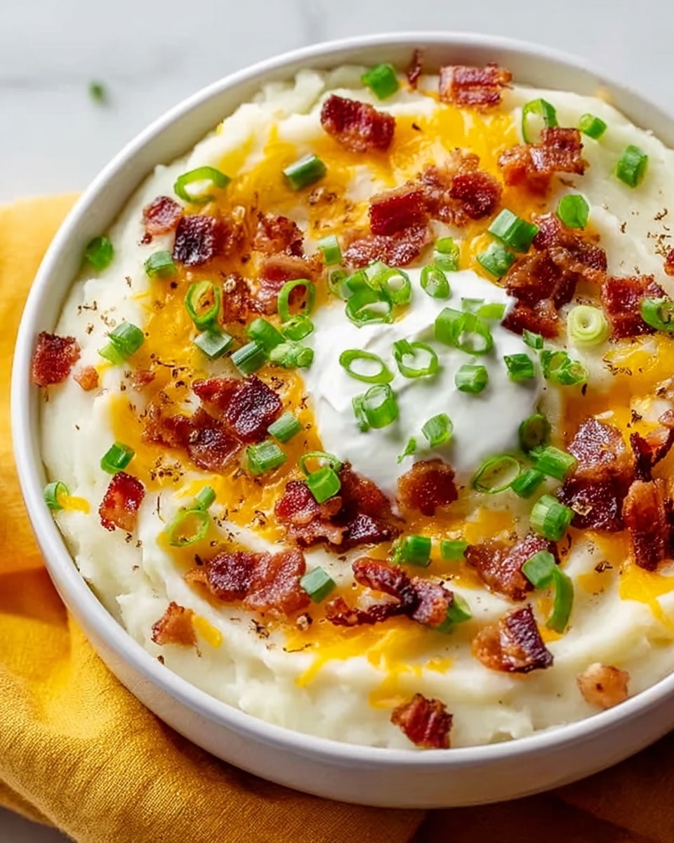 A close-up image of a white bowl filled with creamy mashed potatoes that have a smooth, fluffy texture as the base layer. On top, shredded cheddar cheese is melted lightly, showing bright orange patches scattered around. Crispy bacon bits with a reddish-brown color are spread over the cheese. Small slices of fresh green onions are sprinkled on top, adding contrast. A dollop of sour cream sits in the center, creamy and white, finishing the dish. The bowl is placed on a white marbled surface with soft, natural lighting. Photo taken with an iphone --ar 4:5 --v 7